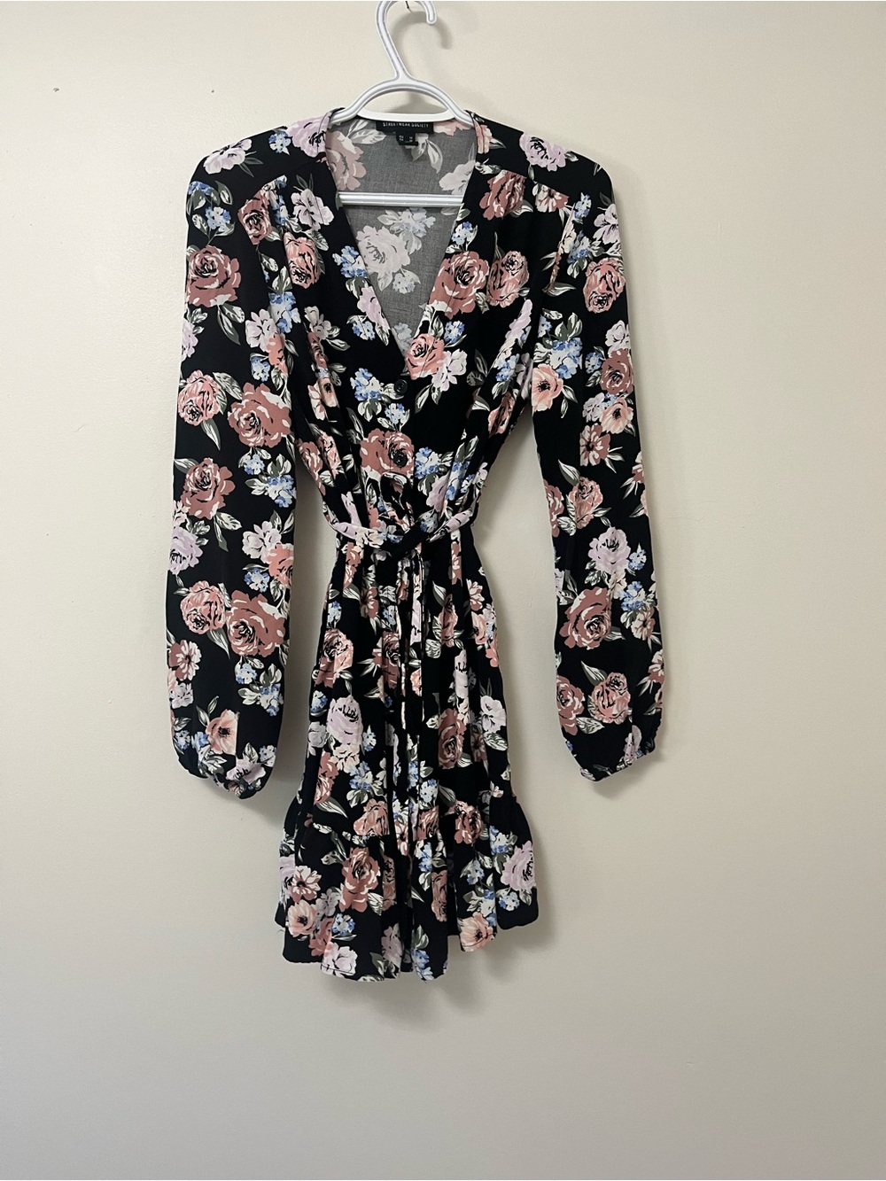 Streetwear Society Black Floral Wrap Dress with Pink Rose Print